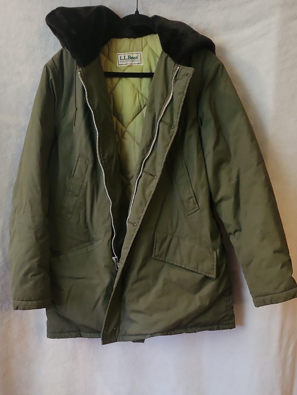 L.L. Bean Olive Green Quilted Field Coat with Black Hood